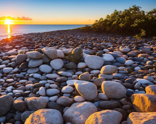 tas de rochers beau coucher de soleil sur la mer