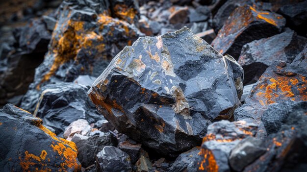 Un tas de roches noires recouvertes de lichens orange