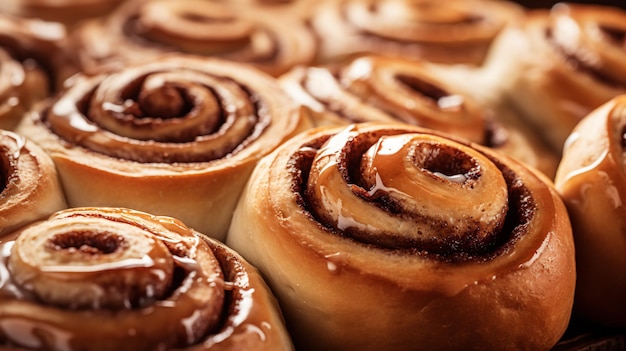 Un tas de rouleaux de cannelle avec du glaçage sur une table