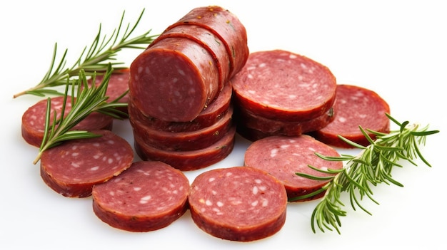 un tas de salami sur fond blanc