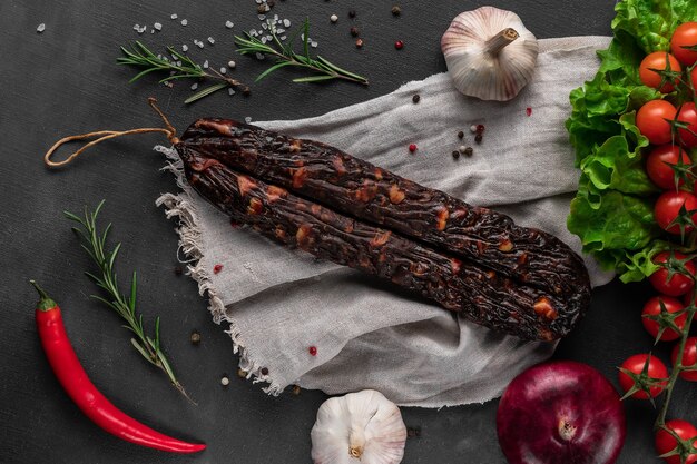 Tas de saucisse maison sèche rouge sur une surface sombre, l'ail et un sac, vue du dessus