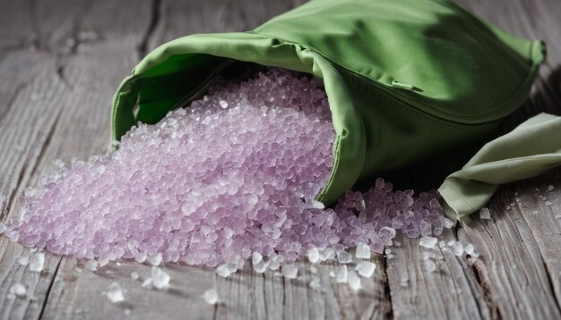 Un tas de sel violet dans un sac vert