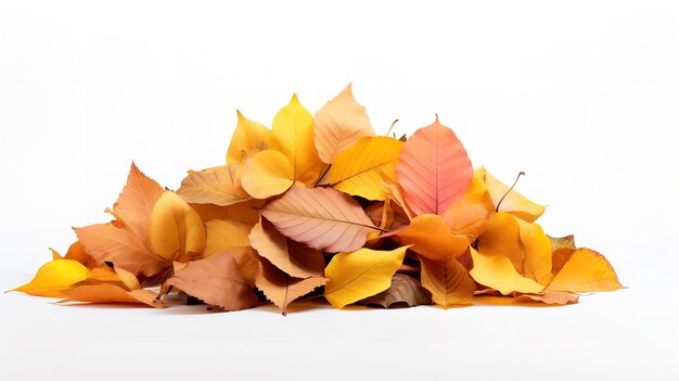 Un tas solitaire de feuilles qui tombent sur un fond blanc IA générative