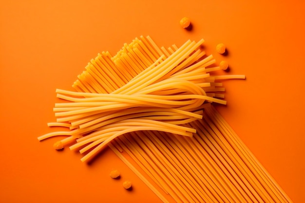 Un tas de spaghettis sur fond orange.