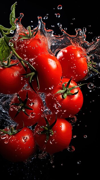 Photo un tas de tomates cerises sont dans une éclaboussure d'eau