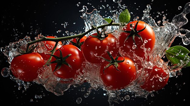 Photo un tas de tomates cerises sont pulvérisées avec de l'eau