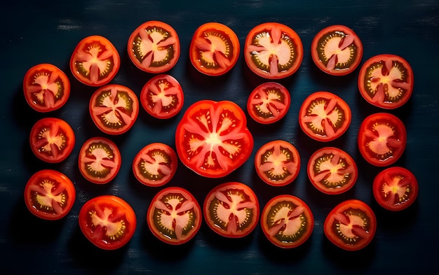 Un tas de tomates est disposé en rangées sur une table bleu foncé.