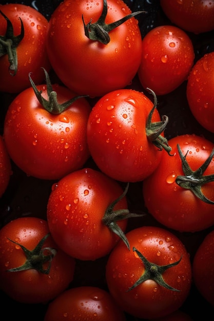 Un tas de tomates avec des gouttes d'eau dessus