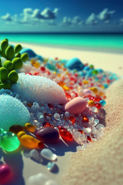 Tas de verre de mer assis au sommet d'une ai générative de plage de sable