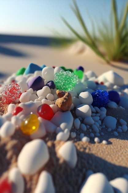 Tas de verre de mer assis au sommet d'une ai générative de plage de sable