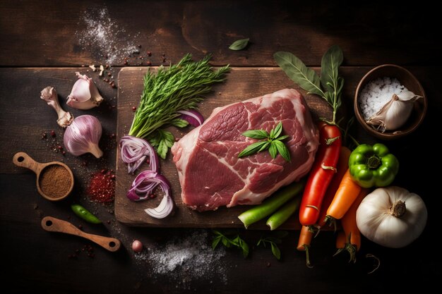 un tas de viande crue et de légumes sur une table en bois