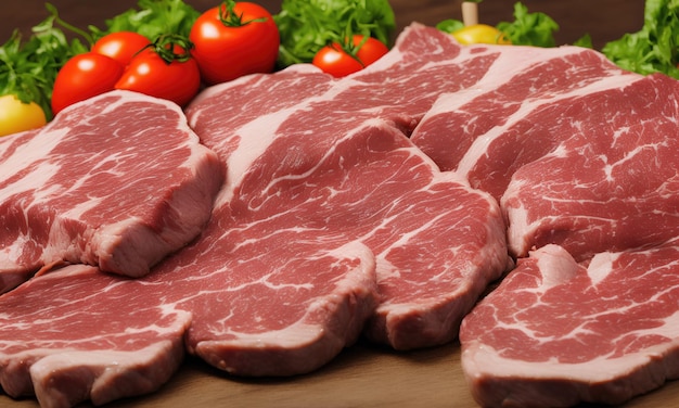 Un tas de viande crue sur une table avec des légumes