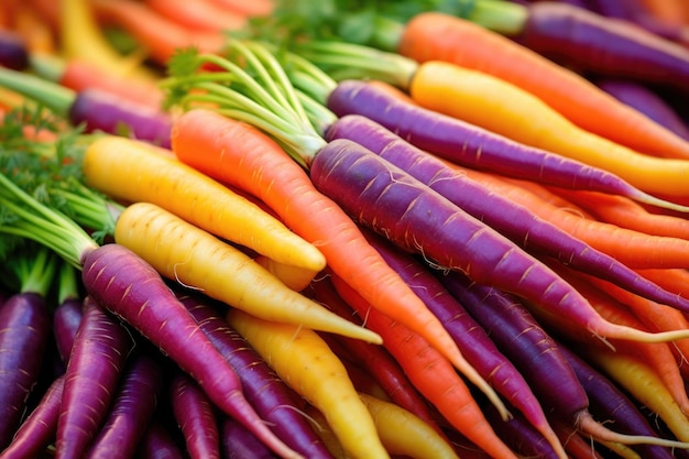 Un tas visuellement époustouflant de carottes multicolores avec leurs formes tordues présentant une gamme impressionnante de teintes du violet foncé à l'orange vibrant et un complexe subtilement sucré