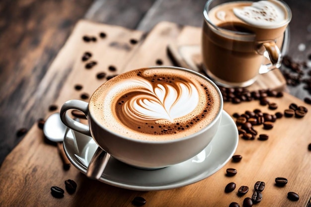 une tasse d'art au lait est assise sur une table en bois