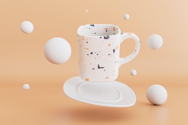 Une tasse et une assiette en céramique blanche à côté de sphères blanches volant à travers le rendu 3D de fond pastel