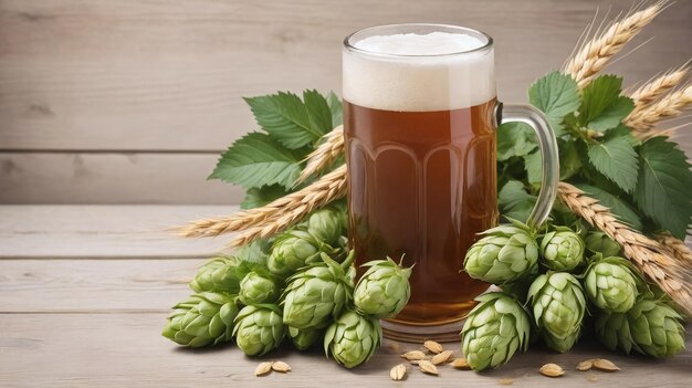 Une tasse de bière avec du houblon vert et des épis de blé sur du bois