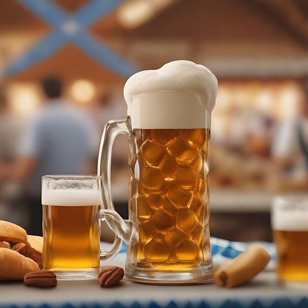 une tasse de bière avec du pain et du pain sur une table