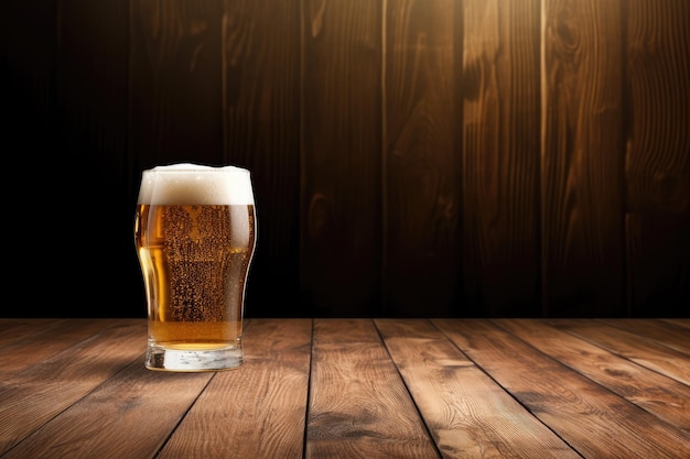 Une tasse de bière sur une table en bois avec de l'espace pour la copie