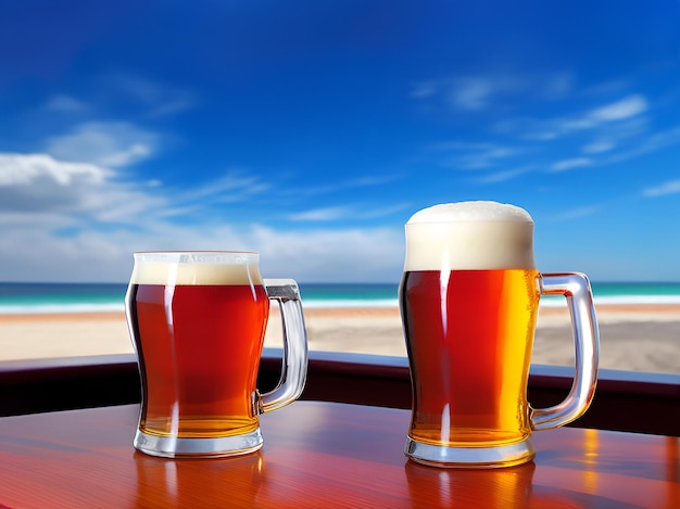 Photo une tasse de bière en verre sur la table d'un restaurant à la plage