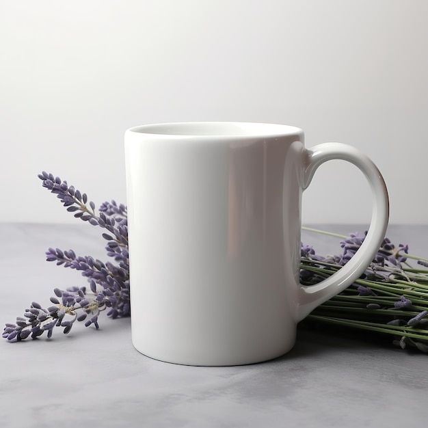 Une tasse blanche avec un arrière-plan flou