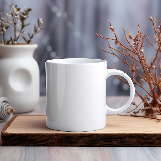 Une tasse blanche avec un arrière-plan flou