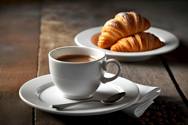 Tasse blanche avec café et deux croissants