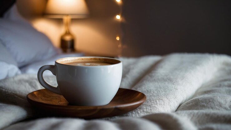Photo une tasse blanche de café sur une table de chevet dans une chambre confortable avec une lumière douce du matin
