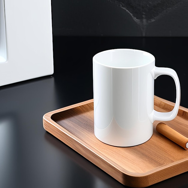 Une tasse blanche avec une cigarette dedans se trouve sur un plateau en bois