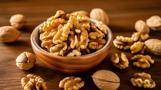 Une tasse blanche contient des noix sur un fond de bois Les noix saines sont une excellente suggestion Les noix sont riches en cholestérol LDL et en antioxydants qui aident à prévenir l'athérosclérose