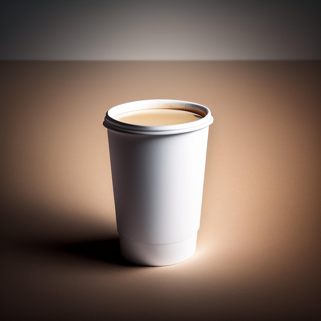 Une tasse blanche avec un couvercle qui dit café dessus.