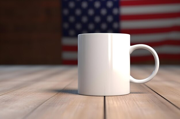 Une tasse blanche avec le drapeau américain en arrière-plan.