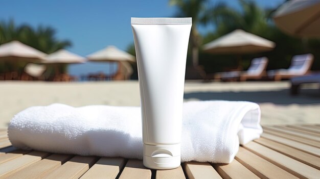 une tasse blanche élégante sur une terrasse avec une serviette de plage.