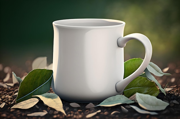 Une tasse blanche est posée sur le sol entourée de feuilles.