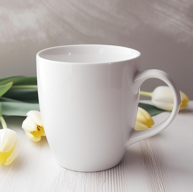 Une tasse blanche avec un fond blanc et un bouquet de fleurs derrière.