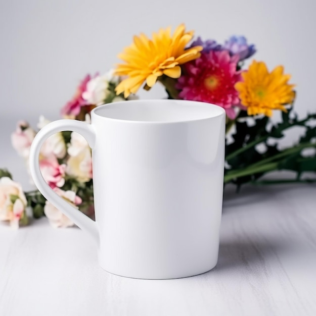 Une tasse blanche avec un fond blanc et un bouquet de fleurs derrière.