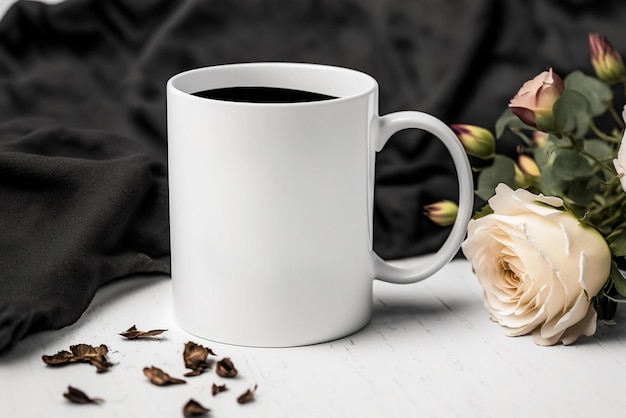 Une tasse blanche avec un fond blanc et un bouquet de roses à côté.