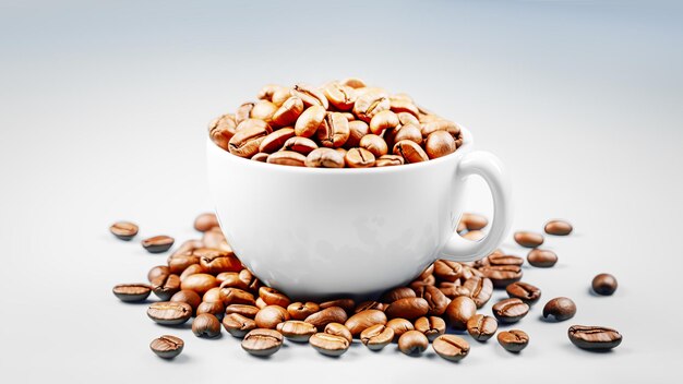 Tasse blanche avec des grains de café arabica torréfiés naturels sur fond blanc ai générative