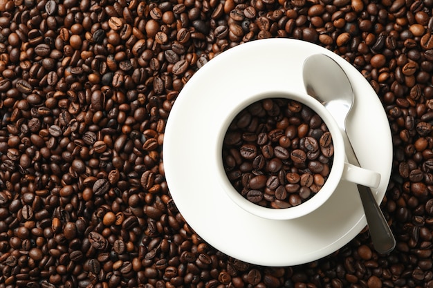 Tasse blanche sur les grains de café