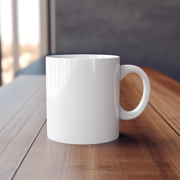 Une tasse blanche sur une maquette publicitaire de table en bois générée par l'IA