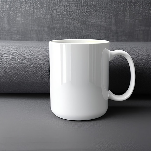 Une tasse blanche avec le mot café dessus se trouve sur une table