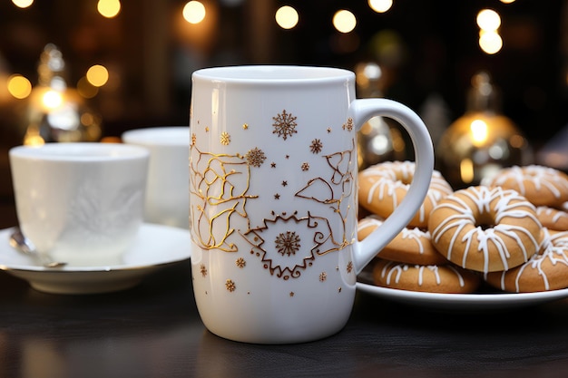 Une tasse blanche et une pâtisserie appétissante sur un fond de Noël