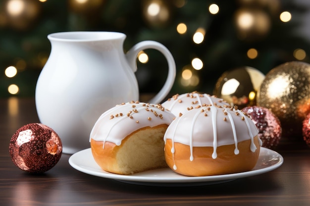 Une tasse blanche et une pâtisserie appétissante sur un fond de Noël