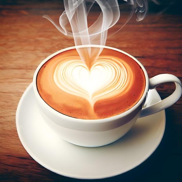 Une tasse blanche pleine de café chaud en forme de cœur pour célébrer la journée internationale du café