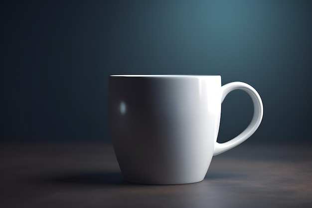 Une tasse blanche avec une poignée blanche est posée sur une table sombre.