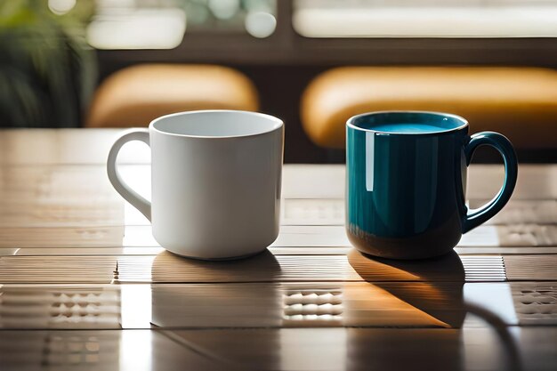 une tasse blanche avec une poignée bleue est assise sur une table.