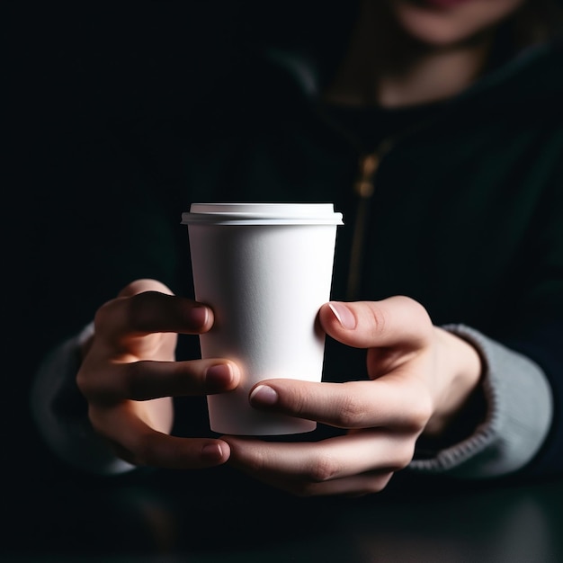 Une tasse blanche qui dit café dessus est tenue par une personne.