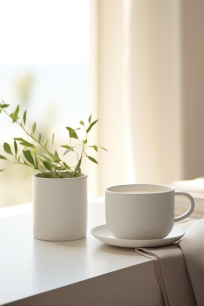 Une tasse blanche et une soucoupe assises sur une table