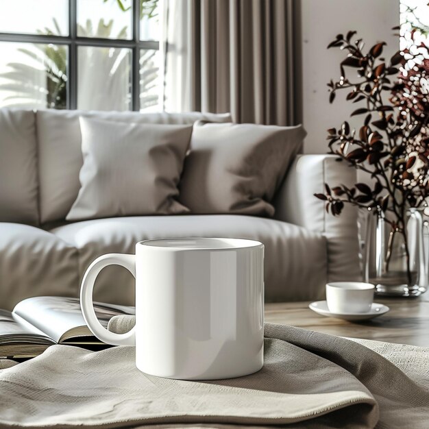 Photo tasse blanche sur la table et arrière-plan de la pièce moderne tasse de boisson blanche pour votre conception peut mettre l'image de texte et le logo