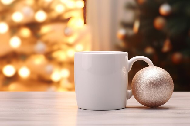Tasse blanche sur une table blanche avec des lumières vives en flou artistique et des cadeaux en arrière-plan Gros plan d'une tasse en céramique pour la publicité et le design pour le Nouvel An et Noël