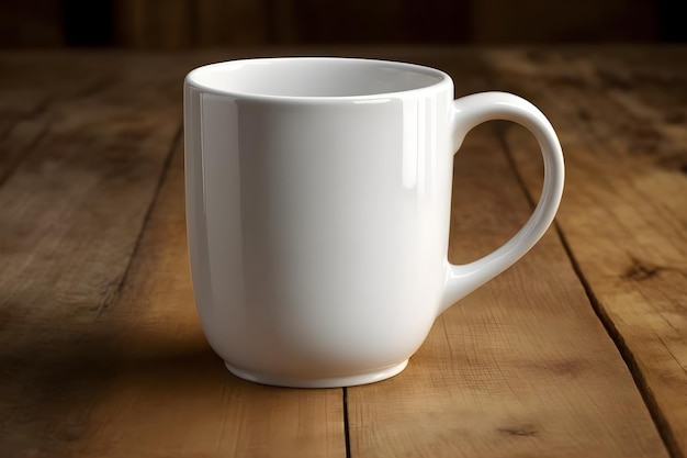 Une tasse blanche sur une table en bois